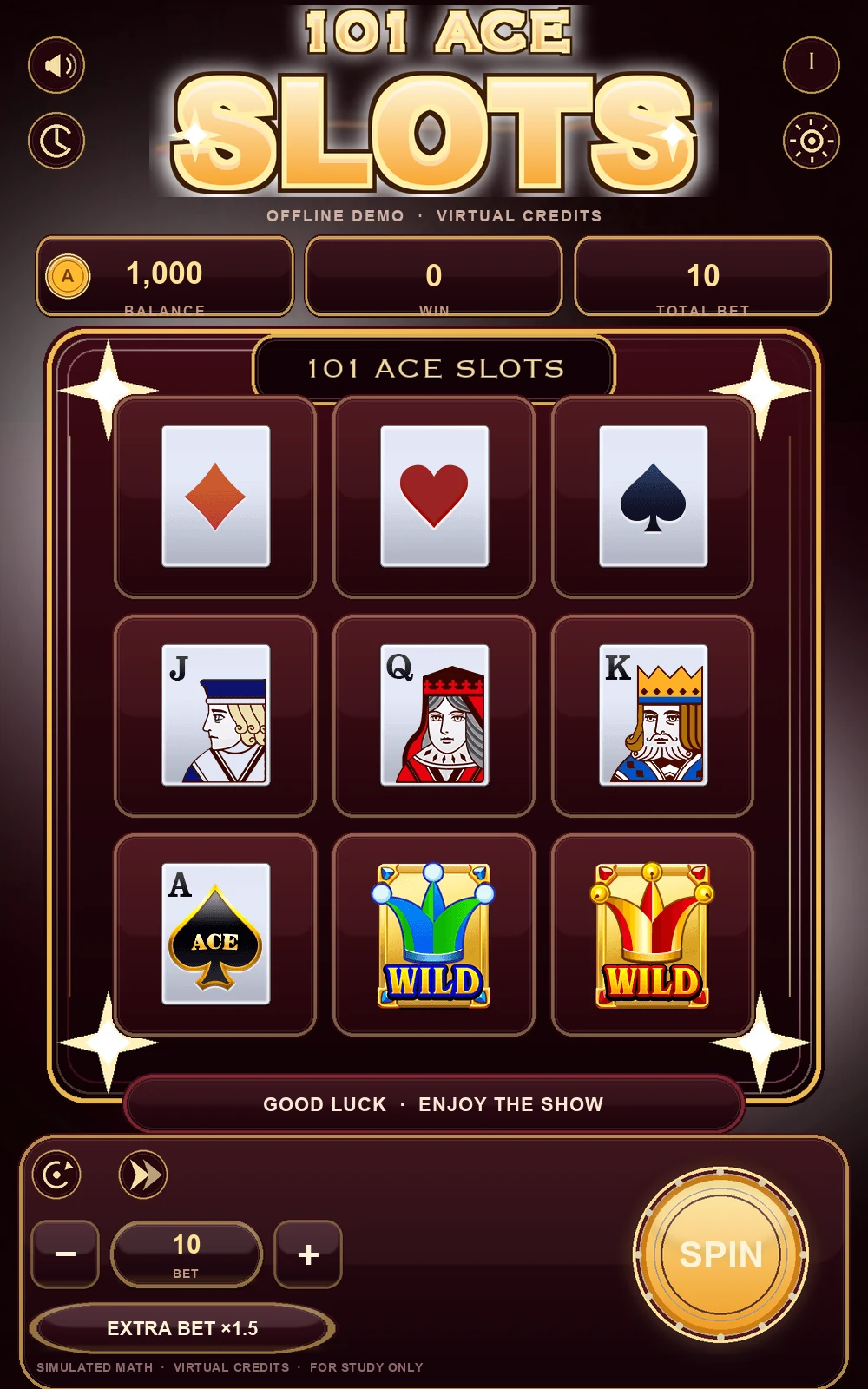 The 101 Ace Slots cabinet in play: a 3×3 board, balance and win values, and a gold spin button.